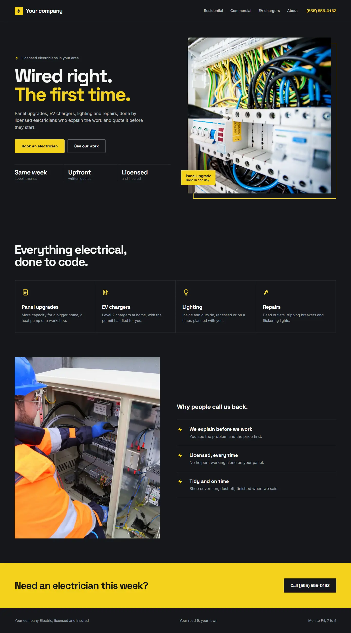 Electrician website: charcoal page with bold yellow type and a photo of a breaker panel in an offset yellow frame.
