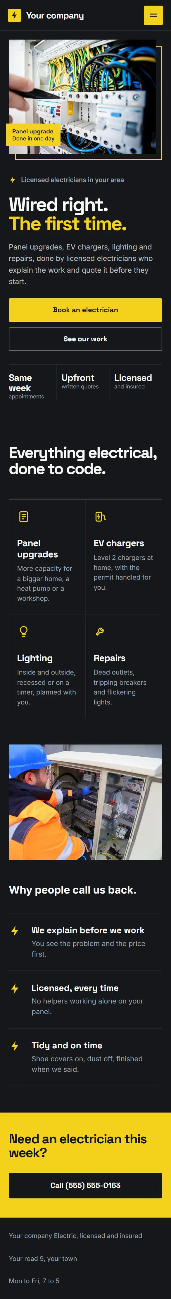 The electrician website on a phone.