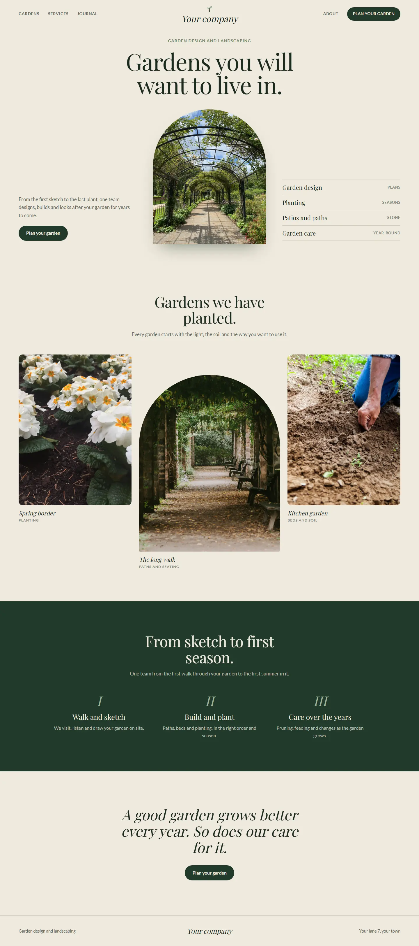 Landscaping website: light page with a centered serif headline and an arch-shaped photo of a garden walkway.