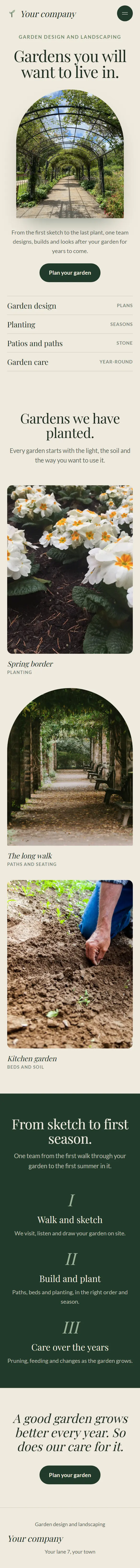 The landscaping website on a phone.