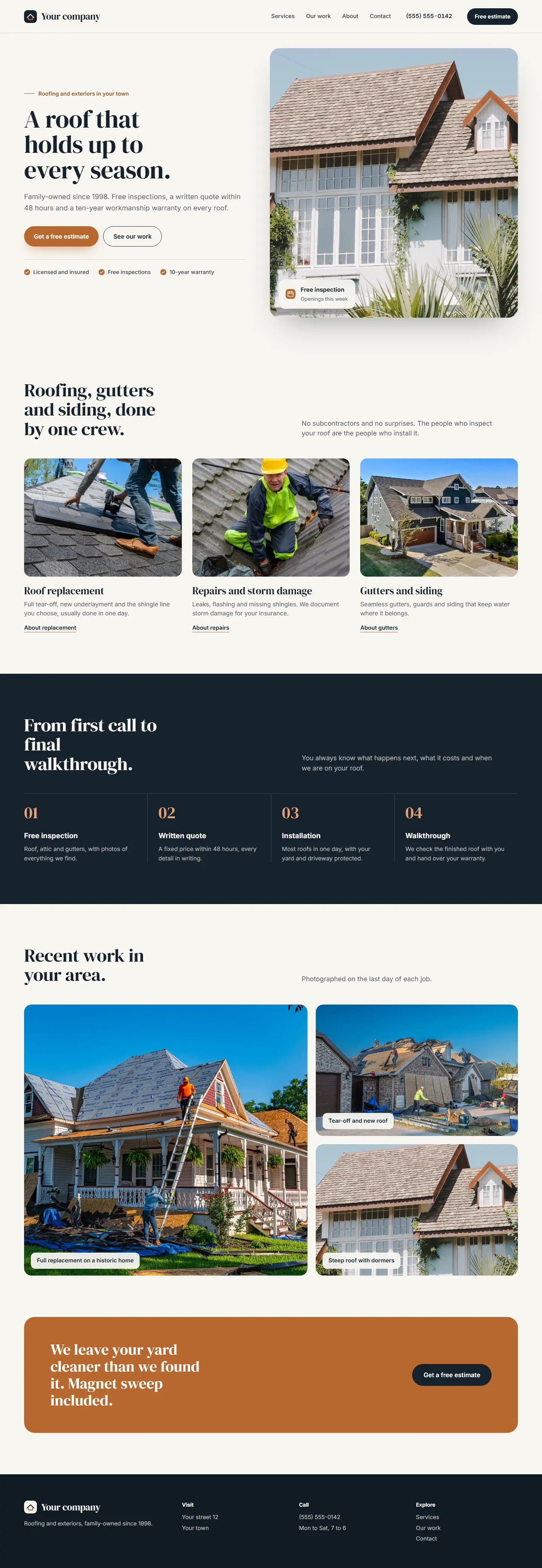 A finished website for Your company: headline A roof that holds up to every season, a photo of a home with a new roof and a Get a free estimate button.