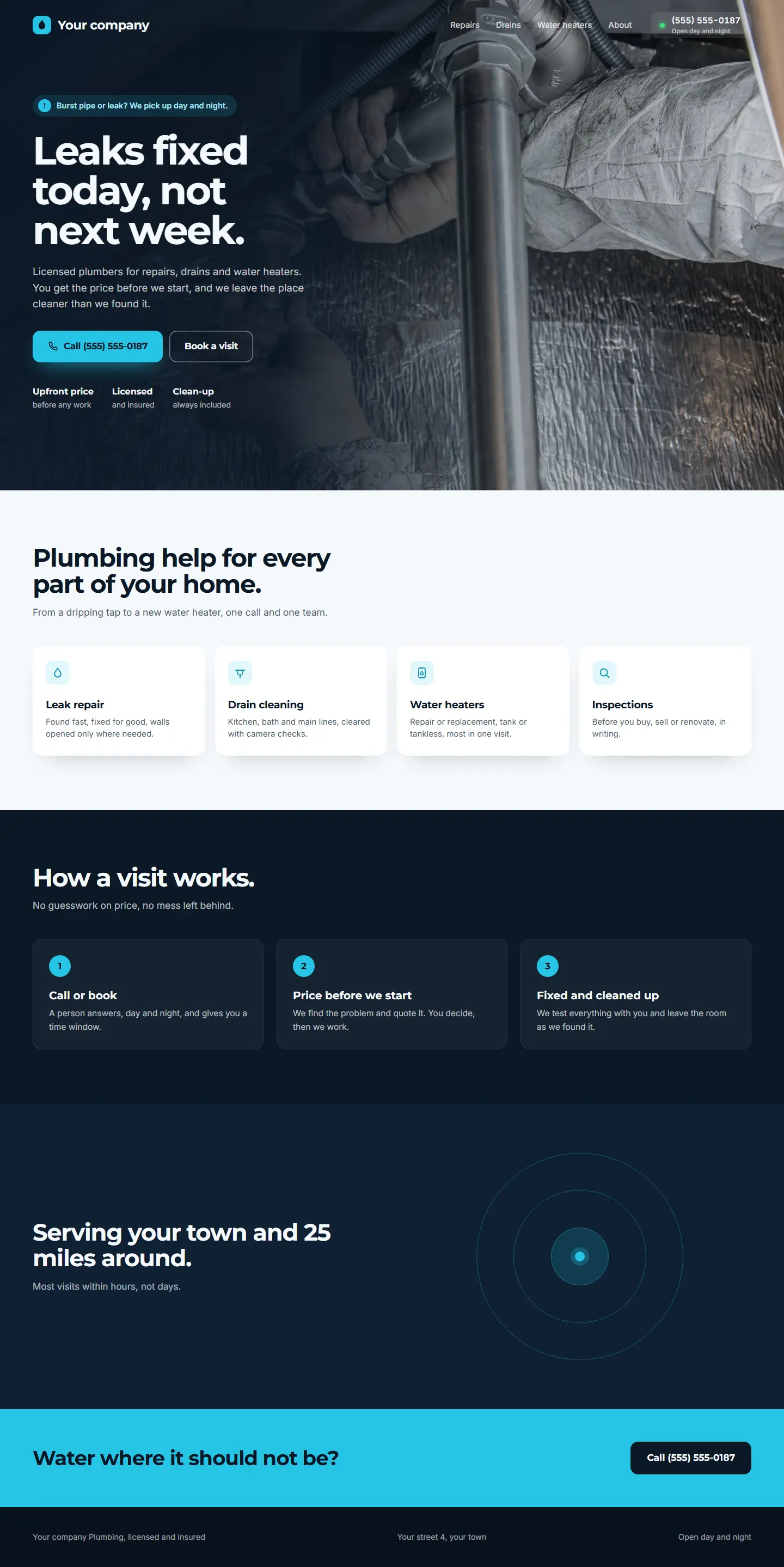 Plumbing website: dark page with a photo of hands fitting a pipe and the headline Leaks fixed today, not next week.