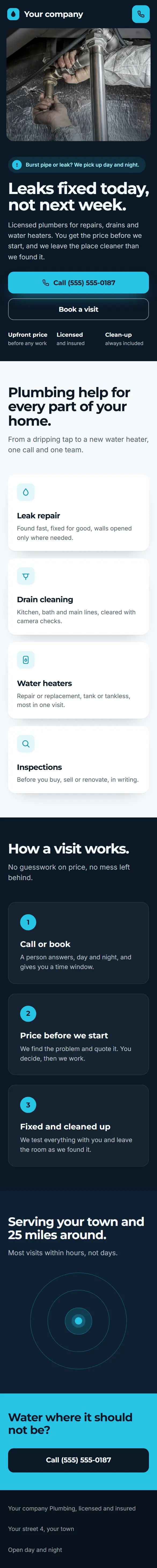 The plumbing website on a phone.